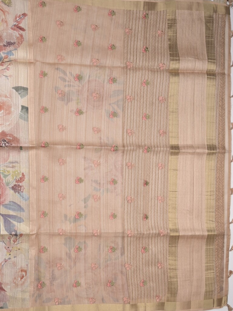 Tussar fancy saree beige color allover prints & small kaddi border with printed pallu and attached plain blouse