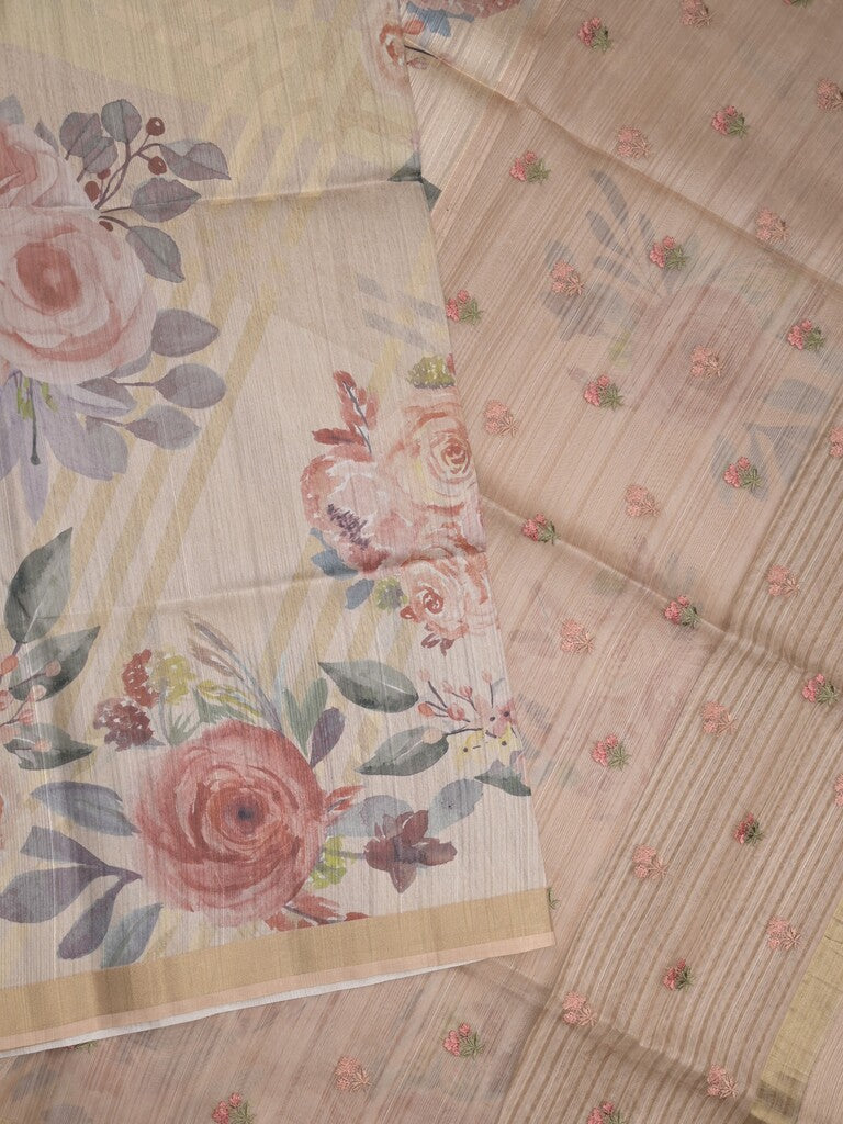 Tussar fancy saree beige color allover prints & small kaddi border with printed pallu and attached plain blouse