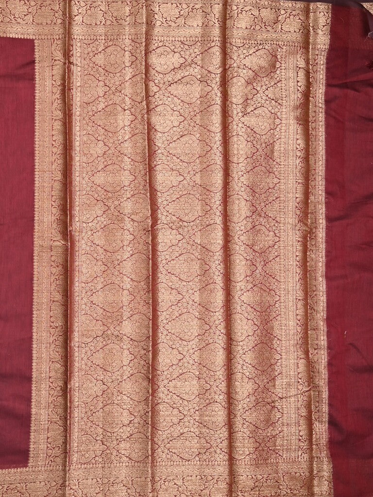 Chanderi fancy saree maroon color allover plain & zari border with zari pallu and running blouse