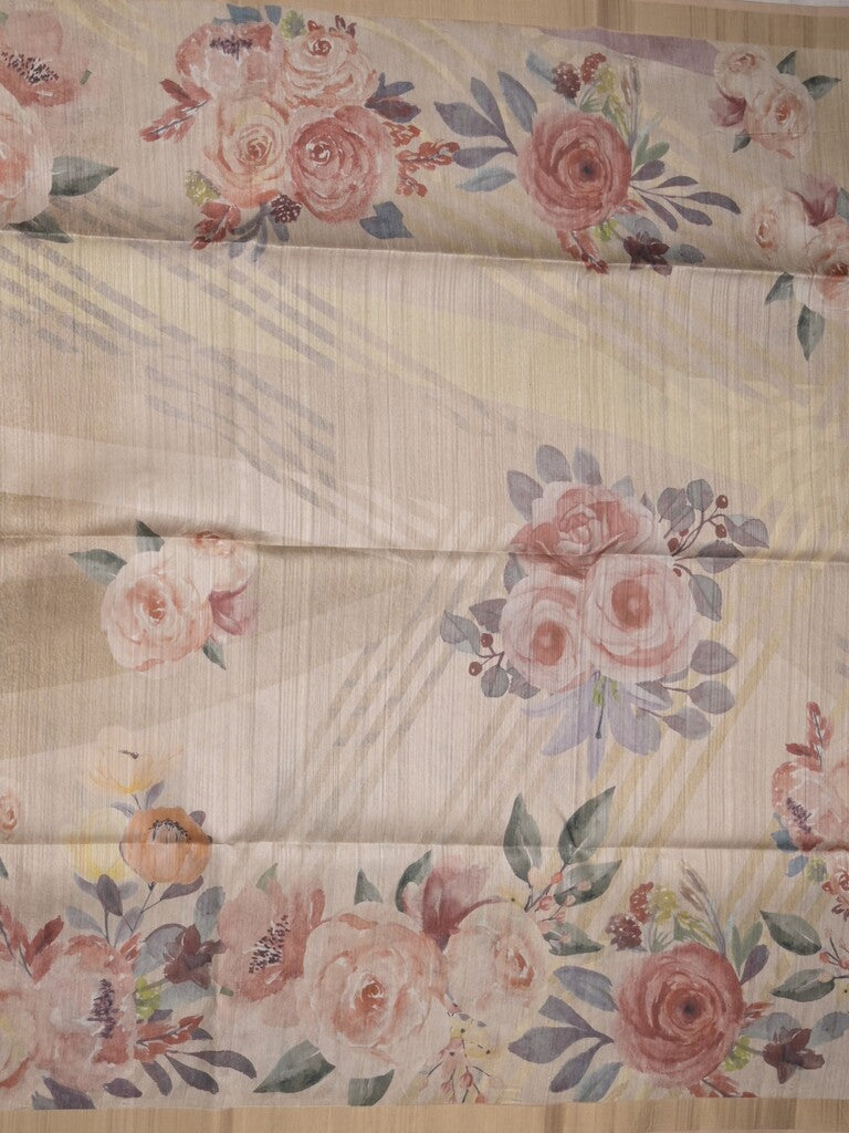 Tussar fancy saree beige color allover prints & small kaddi border with printed pallu and attached plain blouse