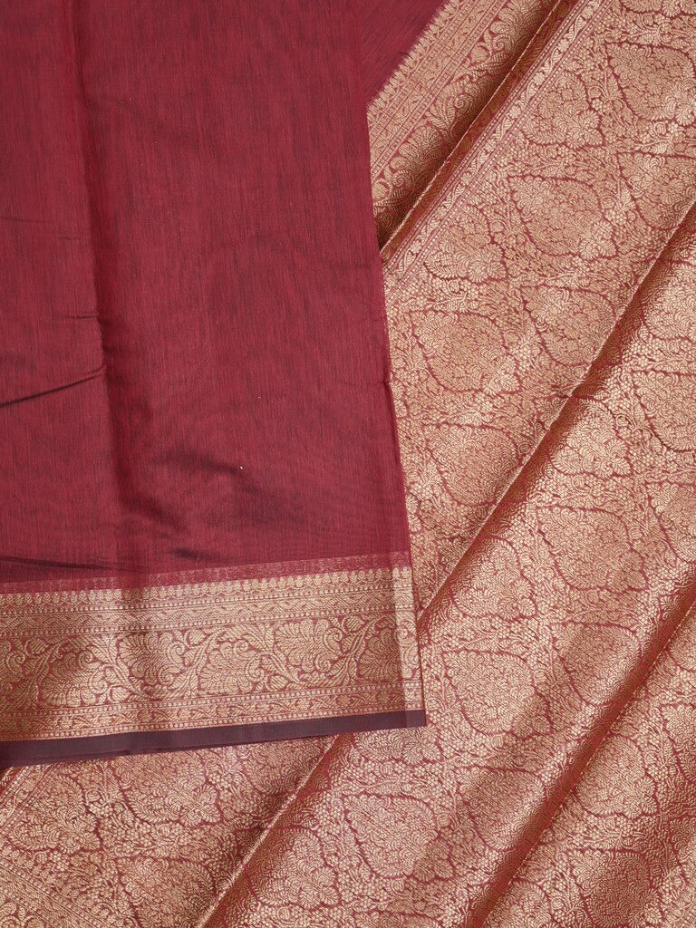Chanderi fancy saree maroon color allover plain & zari border with zari pallu and running blouse