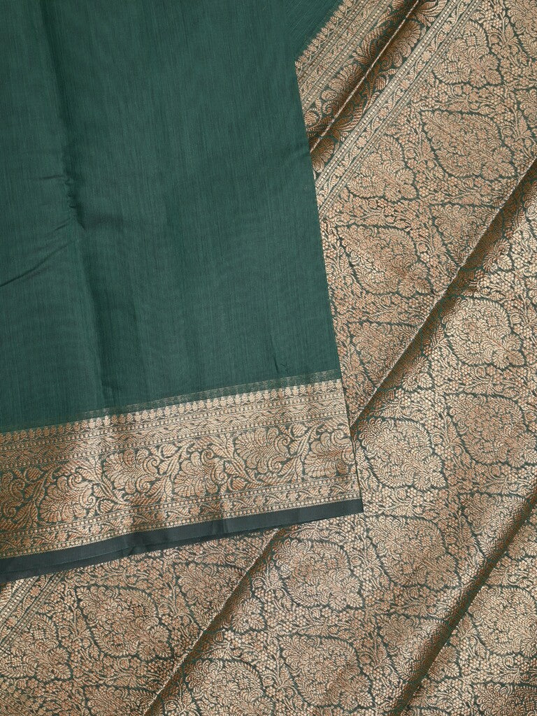 Chanderi fancy saree bottle green color allover plain & zari border with zari pallu and running blouse