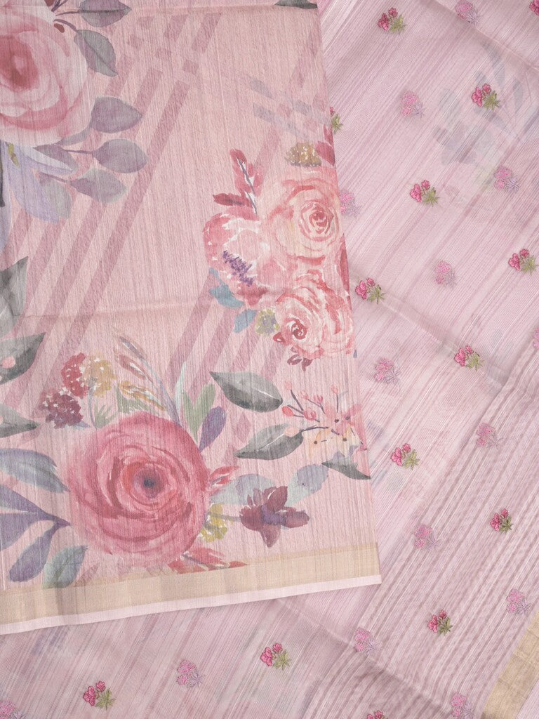 Tussar fancy saree light purple color allover prints & small kaddi border with printed pallu and attached plain blouse