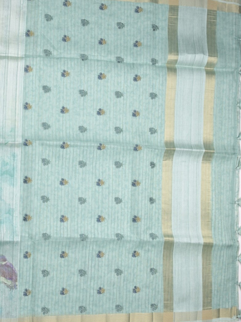Tussar fancy saree light blue color allover prints & small kaddi border with printed pallu and attached plain blouse