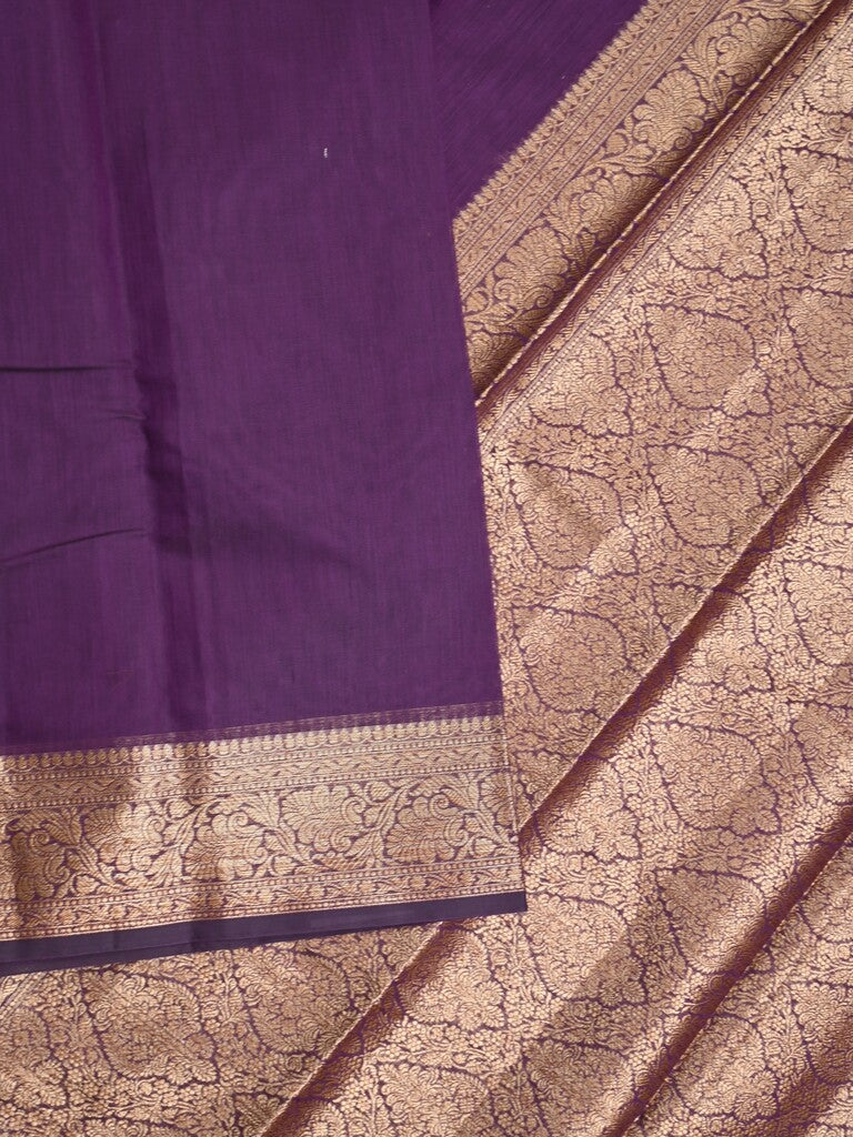 Chanderi fancy saree violet color allover plain & zari border with zari pallu and running blouse