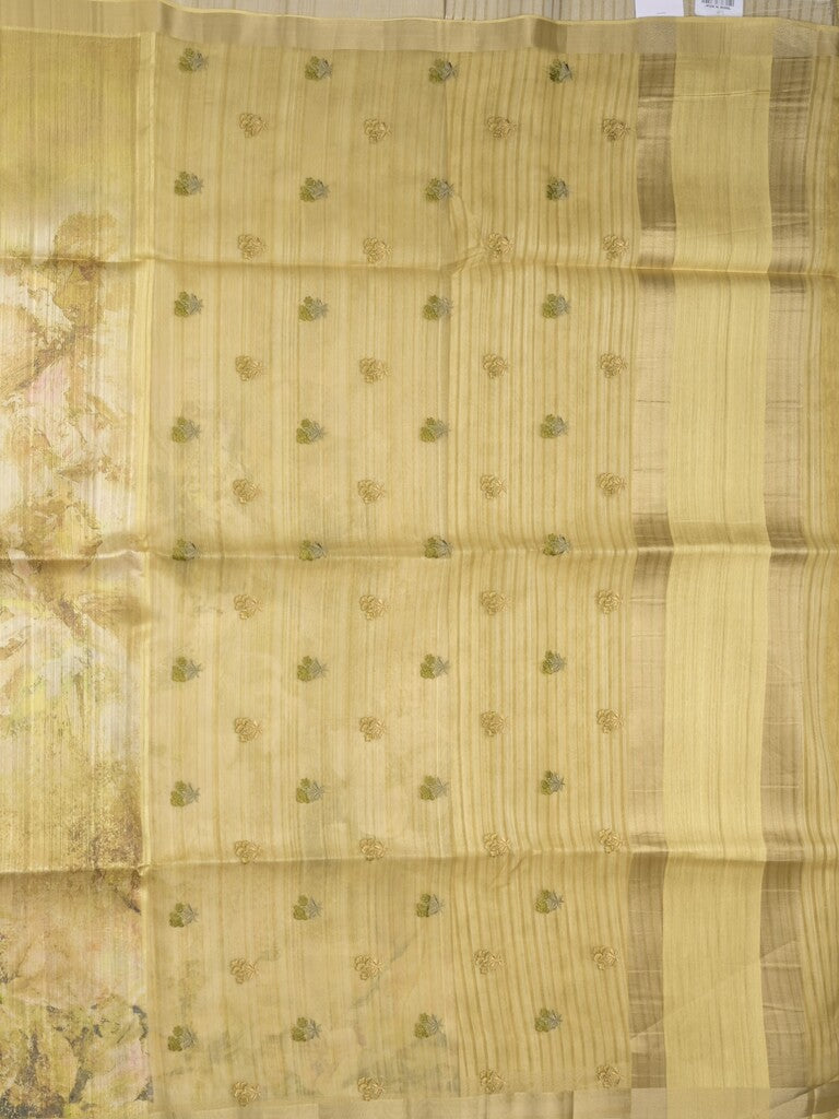 Tussar fancy saree light yellow color allover prints & small kaddi border with printed pallu and attached plain blouse