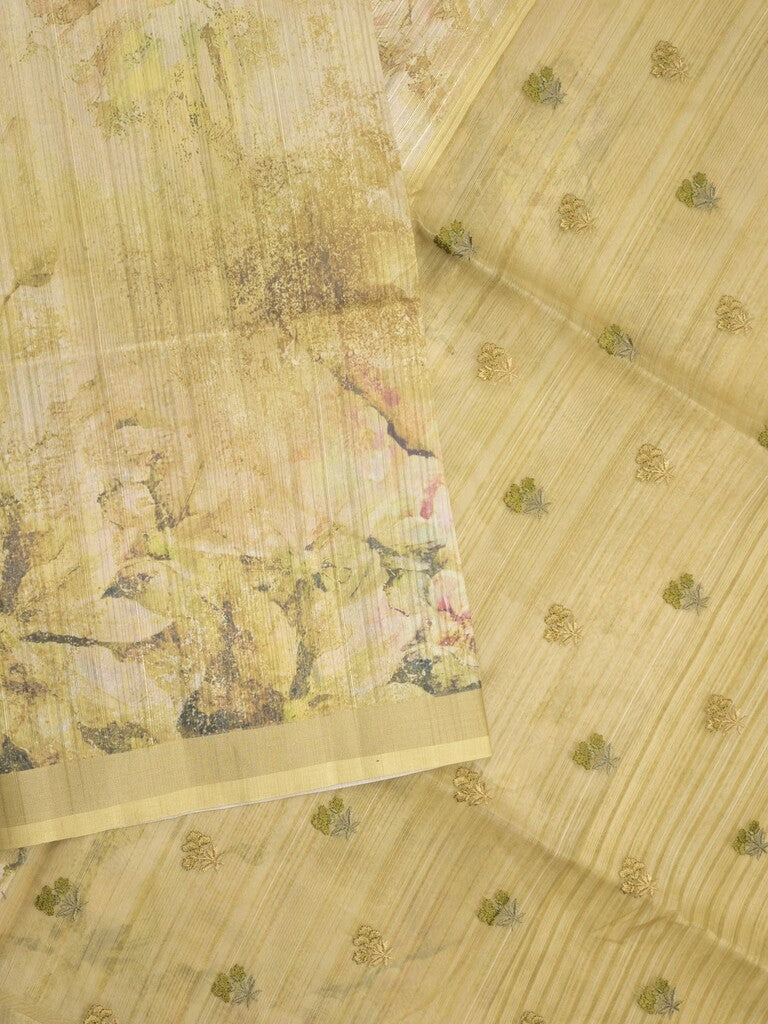 Tussar fancy saree light yellow color allover prints & small kaddi border with printed pallu and attached plain blouse