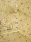 Tussar fancy saree light yellow color allover prints & small kaddi border with printed pallu and attached plain blouse