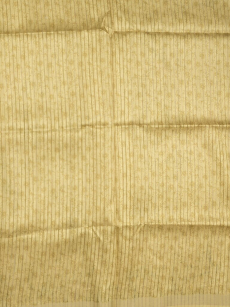 Tussar fancy saree light yellow color allover prints & small kaddi border with printed pallu and attached plain blouse