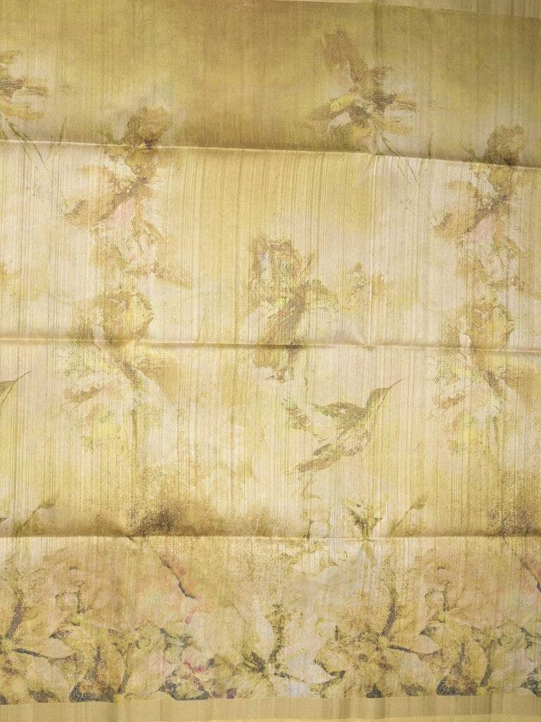 Tussar fancy saree light yellow color allover prints & small kaddi border with printed pallu and attached plain blouse