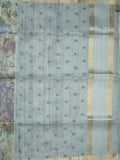 Tussar fancy saree bluish grey color allover prints & small kaddi border with printed pallu and attached plain blouse