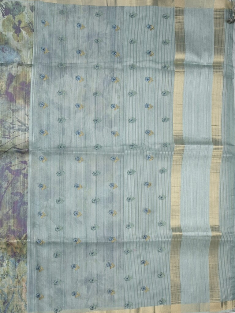 Tussar fancy saree bluish grey color allover prints & small kaddi border with printed pallu and attached plain blouse