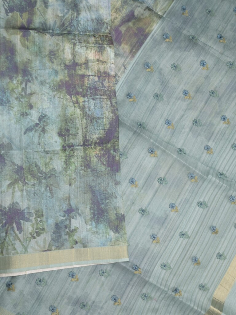 Tussar fancy saree bluish grey color allover prints & small kaddi border with printed pallu and attached plain blouse