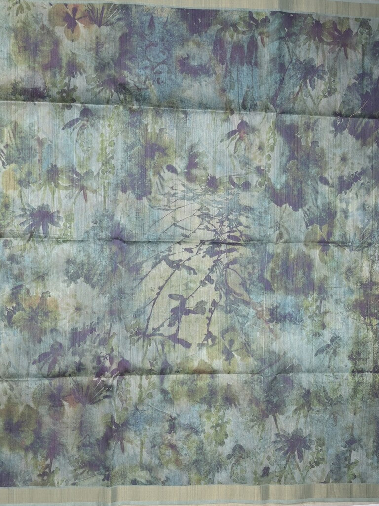 Tussar fancy saree bluish grey color allover prints & small kaddi border with printed pallu and attached plain blouse