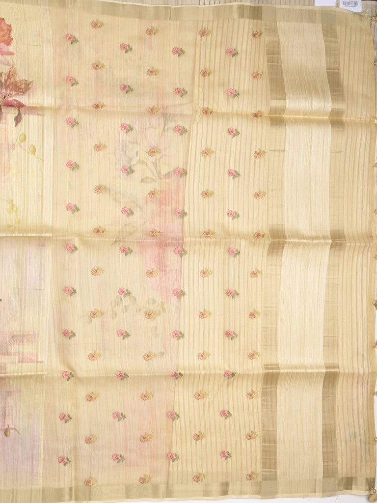 Tussar fancy saree cream color allover prints & small kaddi border with printed pallu and attached plain blouse
