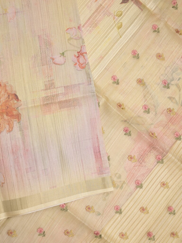 Tussar fancy saree cream color allover prints & small kaddi border with printed pallu and attached plain blouse