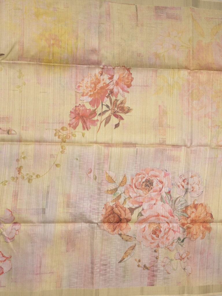 Tussar fancy saree cream color allover prints & small kaddi border with printed pallu and attached plain blouse