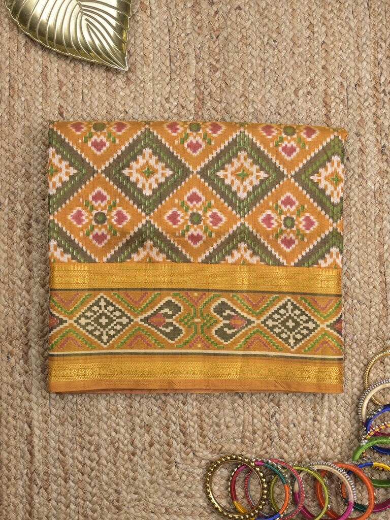 Ikkath fancy saree in yellow color allover design with zari border & ikkath pallu and plain blouse