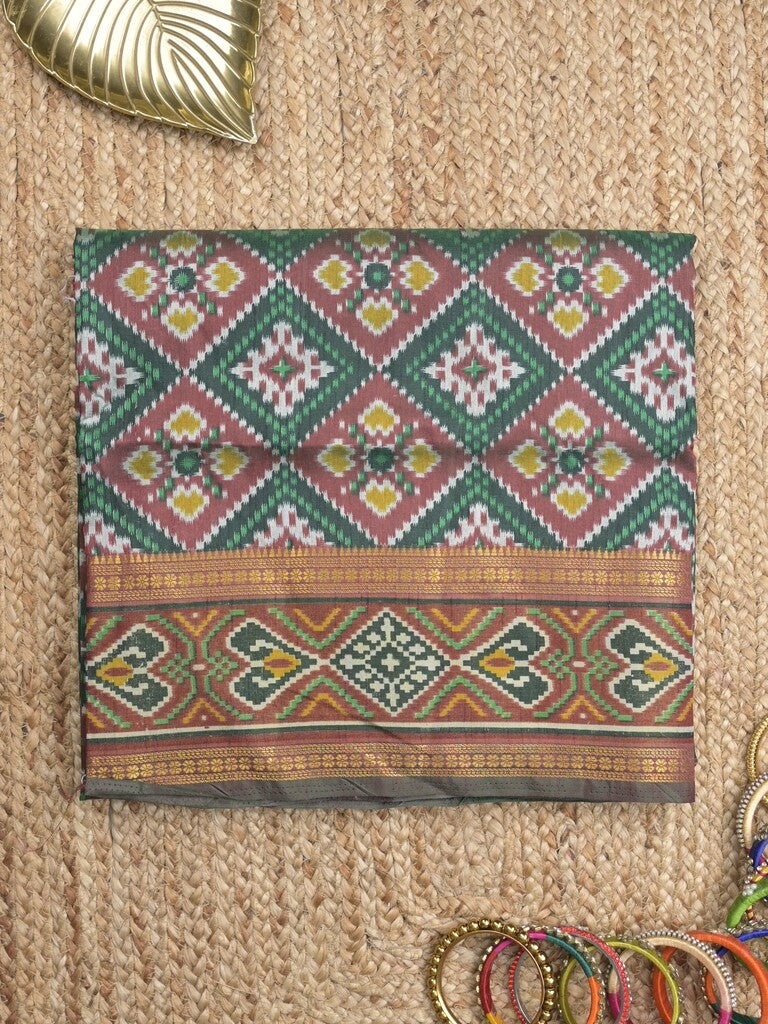 Ikkath fancy saree in green color allover design with zari border & ikkath pallu and plain blouse