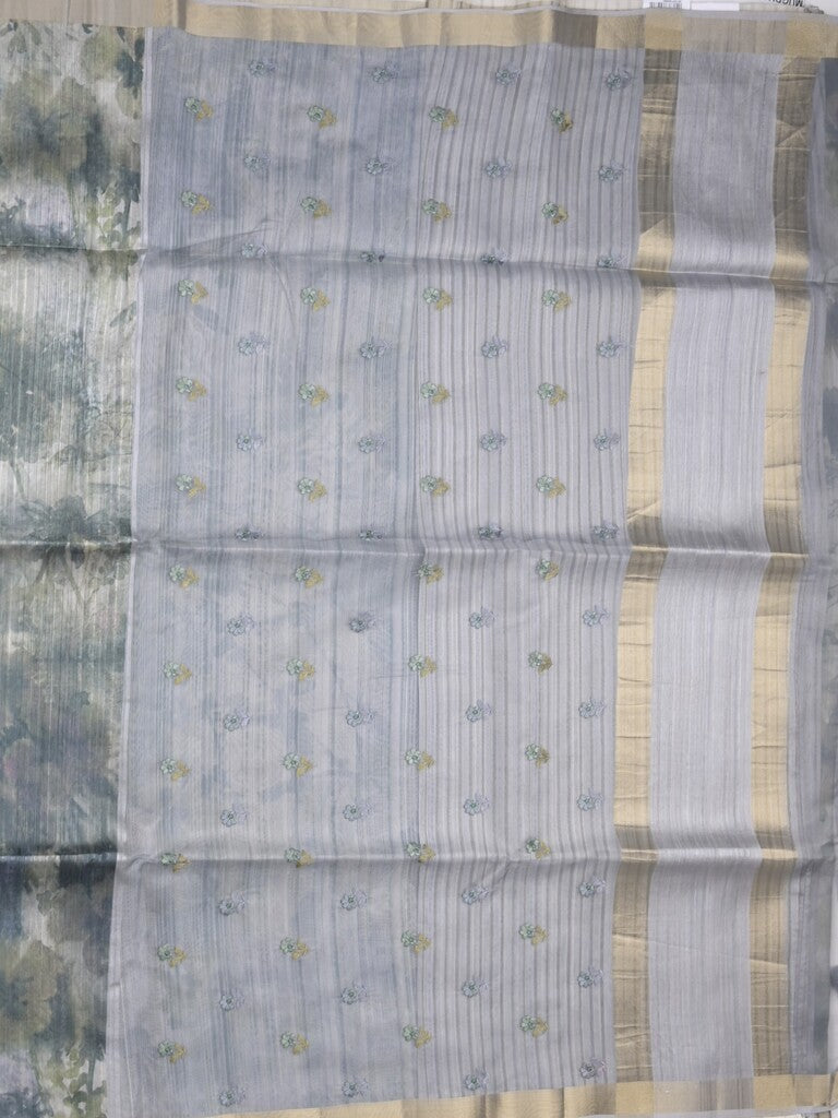 Tussar fancy saree grey color allover prints & small kaddi border with printed pallu and attached plain blouse