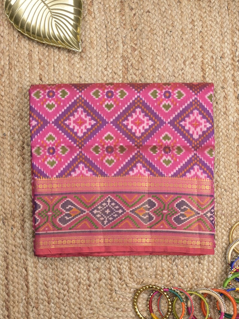 Ikkath fancy saree in pink color allover design with zari border & ikkath pallu and plain blouse