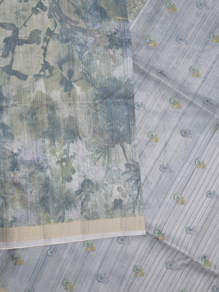 Tussar fancy saree grey color allover prints & small kaddi border with printed pallu and attached plain blouse