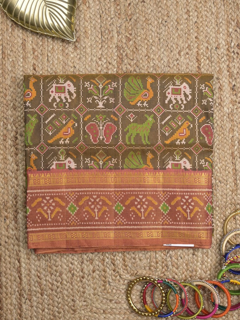 Ikkath fancy saree in brown color allover design with zari border & ikkath pallu and plain blouse