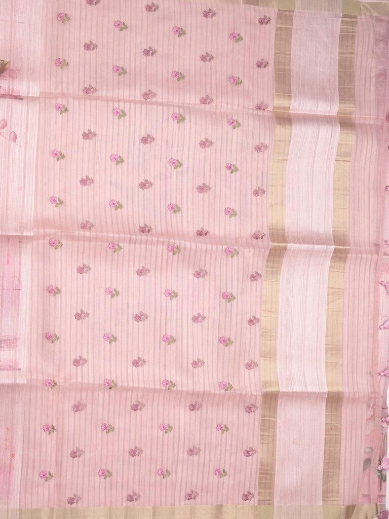 Tussar fancy saree baby pink color allover prints & small kaddi border with printed pallu and attached plain blouse