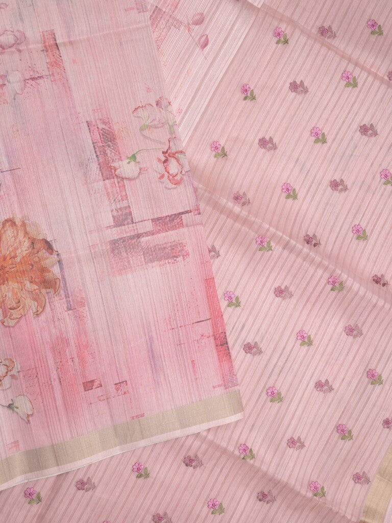 Tussar fancy saree baby pink color allover prints & small kaddi border with printed pallu and attached plain blouse