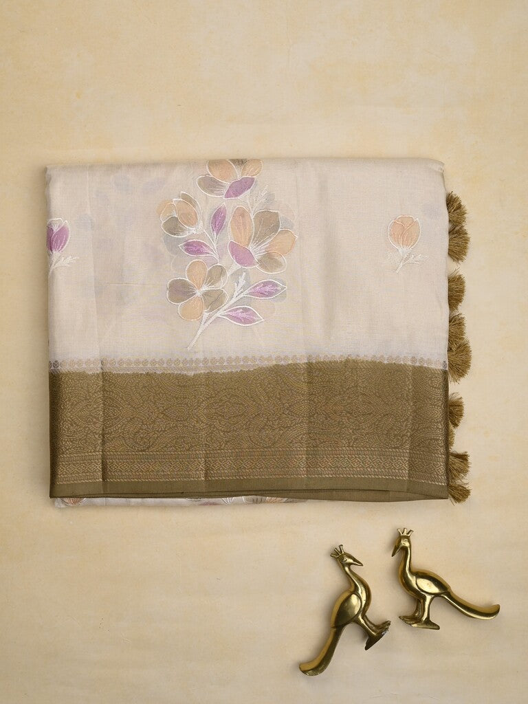 Mashru silk fancy saree white color allover prints & zari border with plain pallu and printed blouse
