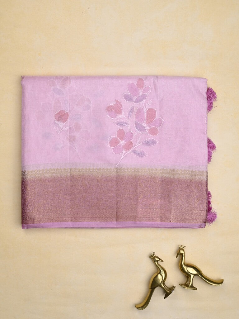 Mashru silk fancy saree pastel purple color allover prints & zari border with plain pallu and printed blouse