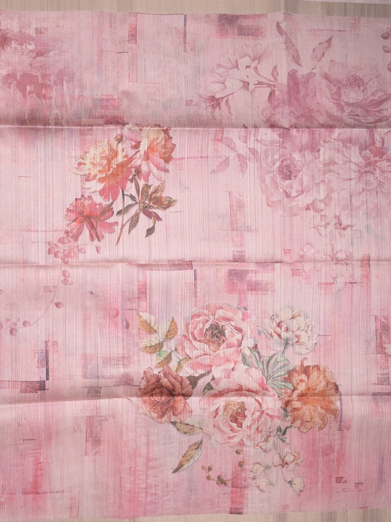 Tussar fancy saree baby pink color allover prints & small kaddi border with printed pallu and attached plain blouse