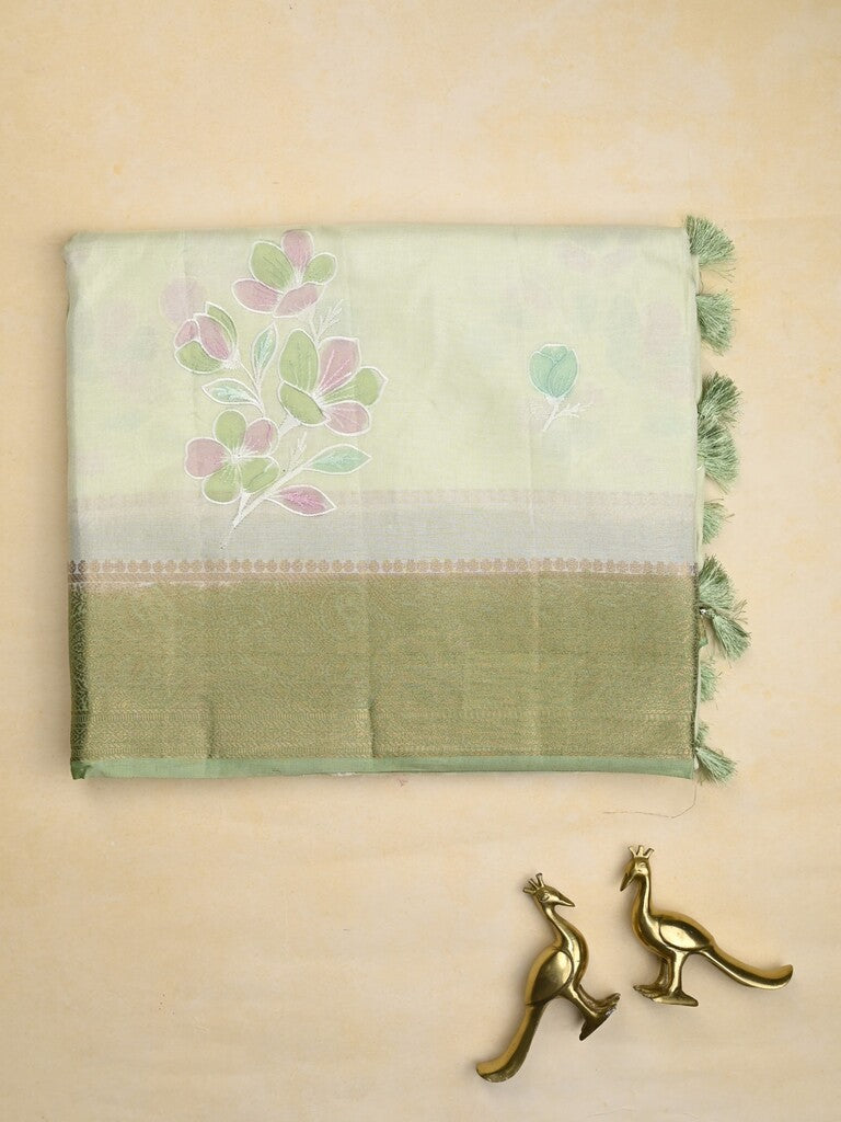 Mashru silk fancy saree white color allover prints & zari border with plain pallu and printed blouse