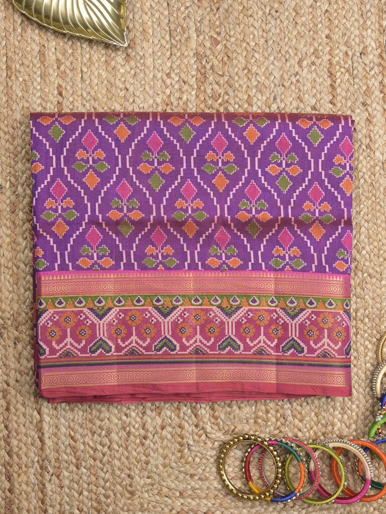 Ikkath fancy saree in purple color allover design with zari border & ikkath pallu and plain blouse