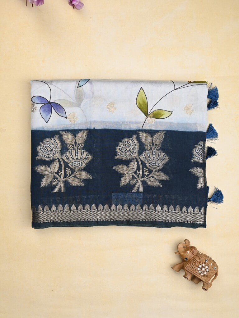 Raw mango fancy saree half white color allover prints & zari border with zari pallu and contrast blouse