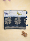 Raw mango fancy saree half white color allover prints & zari border with zari pallu and contrast blouse
