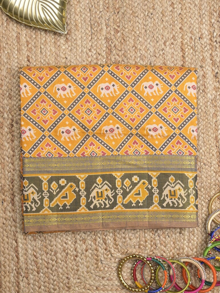 Ikkath fancy saree in yellow color allover design with zari border & ikkath pallu and plain blouse