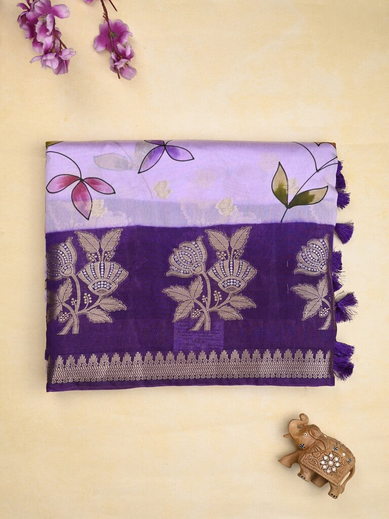 Raw mango fancy saree pastel purple color allover prints & zari border with zari pallu and contrast blouse