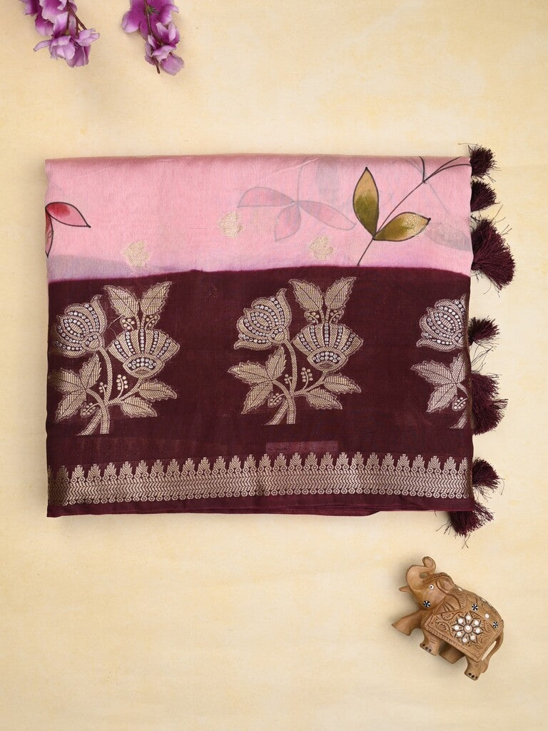 Raw mango fancy saree baby pink color allover prints & zari border with zari pallu and contrast blouse