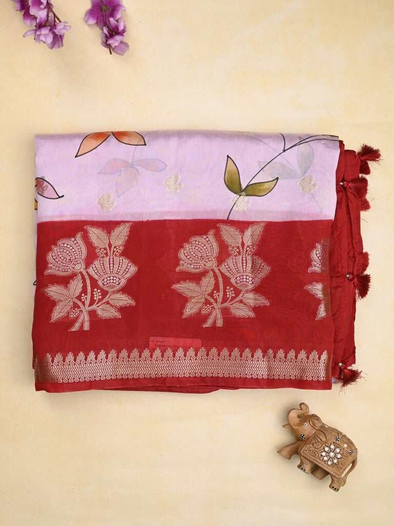 Raw mango fancy saree pastel blue color allover prints & zari border with zari pallu and contrast blouse