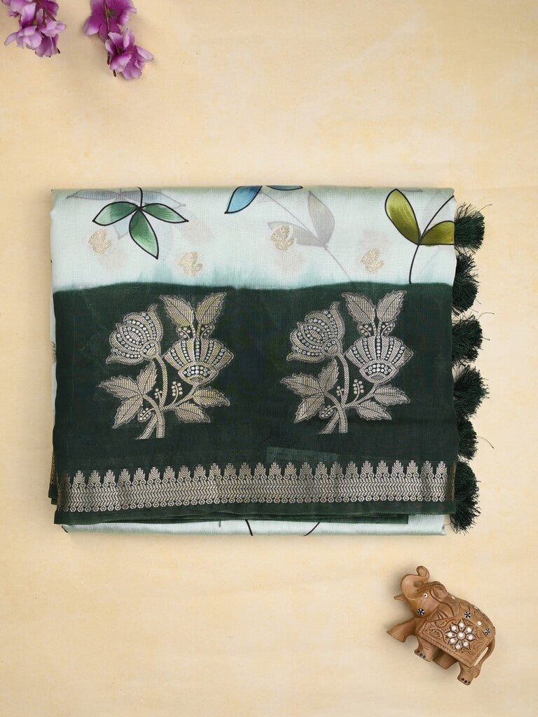 Raw mango fancy saree half white color allover prints & zari border with zari pallu and contrast blouse