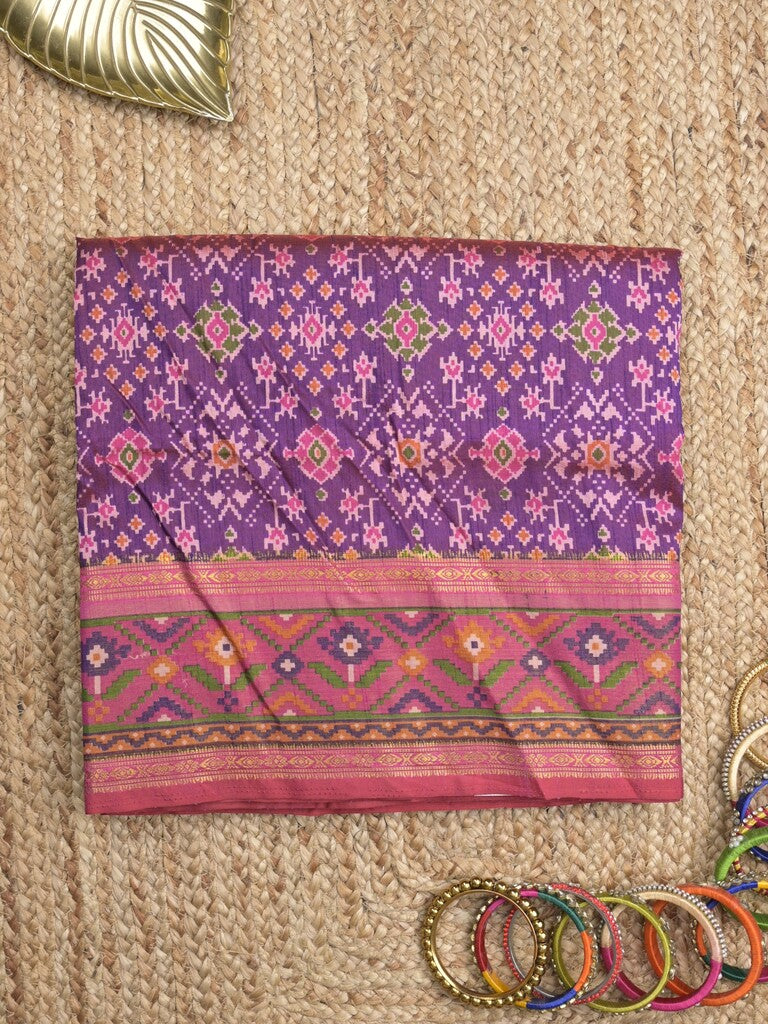 Ikkath fancy saree in dark purple color allover design with zari border & ikkath pallu and plain blouse