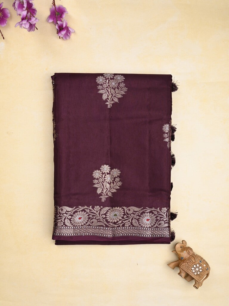Raw mango fancy saree dark brown color allover zari motifs & zari border with zari pallu and brocade blouse