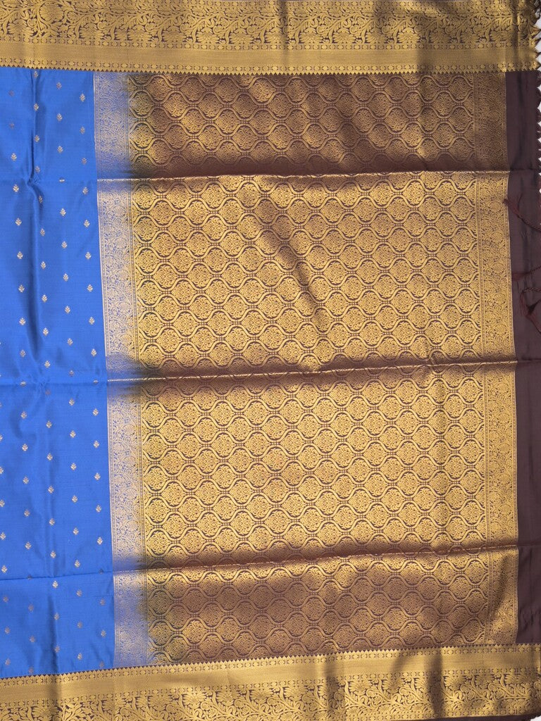 Kanchi pattu saree royal blue color allover zari motifs & zari border with rich pallu and contrast plain blouse