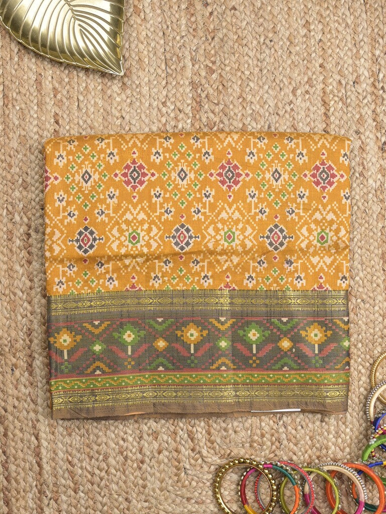 Ikkath fancy saree in yellow color allover design with zari border & ikkath pallu and plain blouse