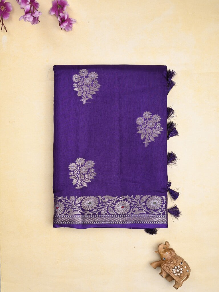 Raw mango fancy saree dark blue color allover zari motifs & zari border with zari pallu and brocade blouse