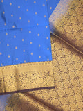 Kanchi pattu saree royal blue color allover zari motifs & zari border with rich pallu and contrast plain blouse