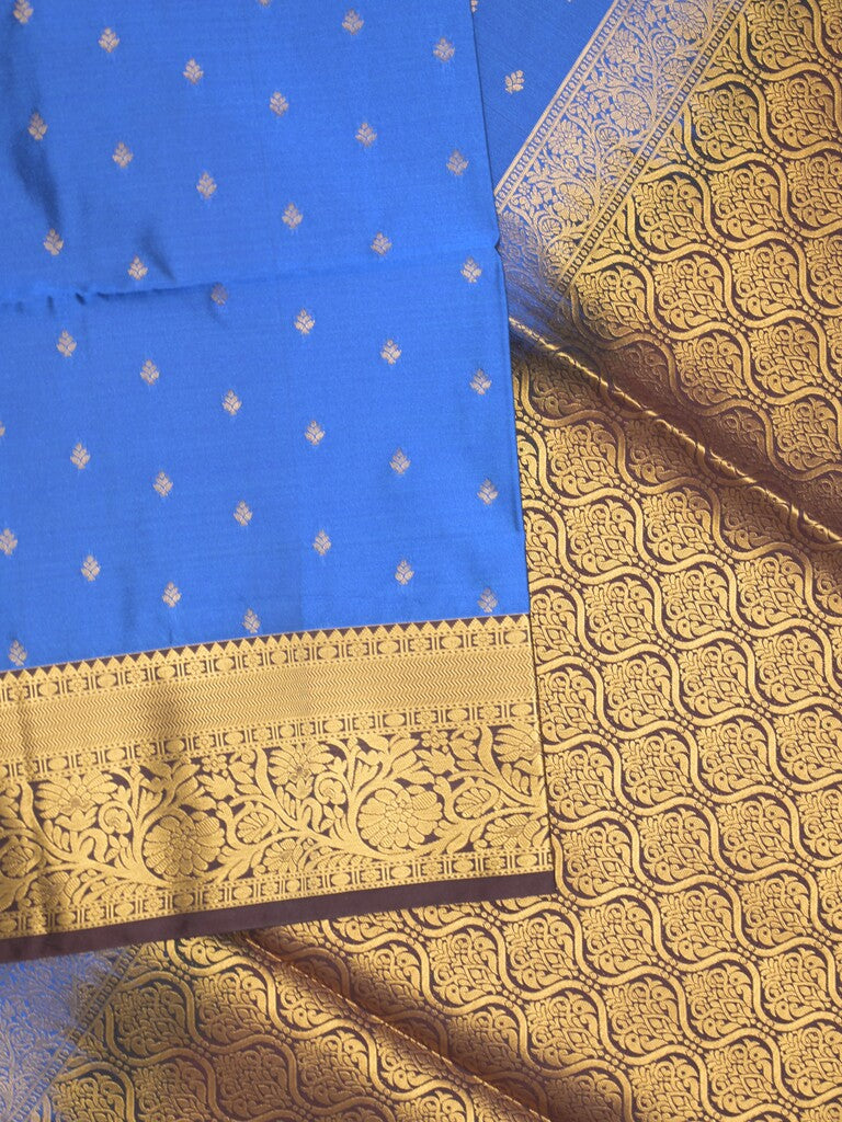 Kanchi pattu saree royal blue color allover zari motifs & zari border with rich pallu and contrast plain blouse