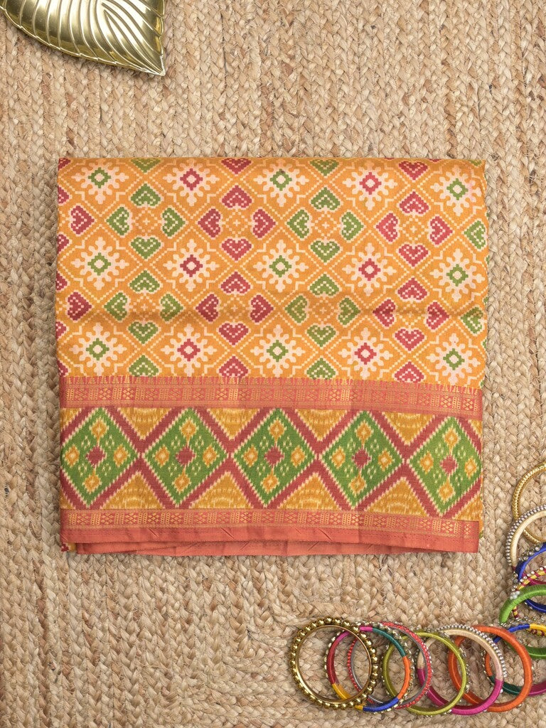 Ikkath fancy saree in orange color allover design with zari border & ikkath pallu and plain blouse