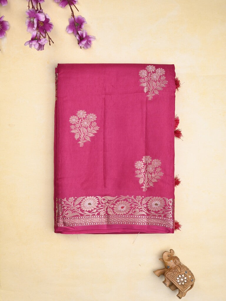 Raw mango fancy saree pink color allover zari motifs & zari border with zari pallu and brocade blouse